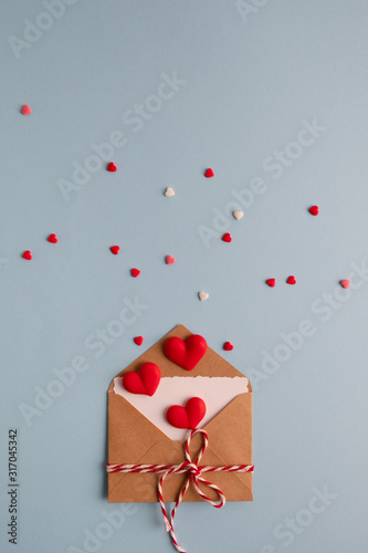 Minimal valentine day concept. Valentine's day love letter postcrossing. Top view Flat lay . Valentines day, Mothers day, Womens day greeting card.