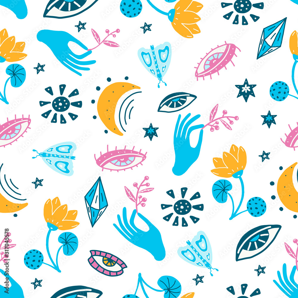 Naklejka premium Vector seamless pattern with colorful alchemy and mystic signs eye, triangles, palms, moons, stars, astrology symbols hand drawn in lines. Bright modern ditsy print with geometric shapes in multicolor