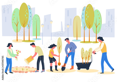 Volunteers and active citizens planting trees together in city park, vector flat illustration. Greening and spring renovations, urban environment improving. Volunteering, charity and social issues.