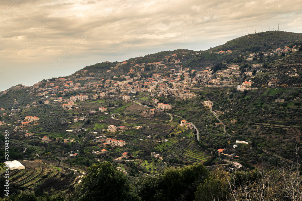 Wide view capture of Deir El Qamar village and old architecture in mount Lebanon Middle east