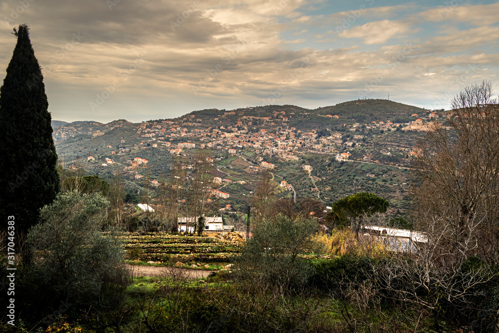 Wide view capture of Deir El Qamar village and old architecture in mount Lebanon Middle east
