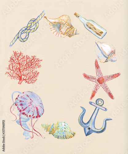 hand drawn watercolor illustration,frame from seashells,and other sea symbols