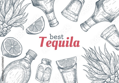 Tequila label. Mexican alcohol drink drawing. Bottle, shot glass, salt shaker, lime, agave frame sketch. Engraved vector illustration