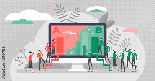 A B split test marketing concept, flat tiny persons vector illustration