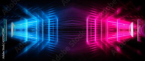Light tunnel, dark long corridor room with neon lamps. Abstract blue and red neon, background with smoke and neon light. Concrete floor, symmetrical reflection and mirroring. 3D illustration.