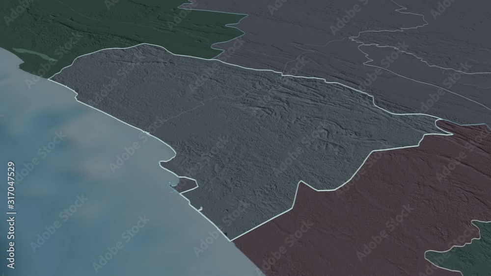 Kouilou, region with its capital, zoomed and extruded on the administrative map of Congo Brazzaville in the conformal Stereographic projection. Animation 3D Kouilou, region with its capital, zoomed and extruded on the administrative map of Congo Brazzaville in the conformal Stereographic projection. Animation 3D