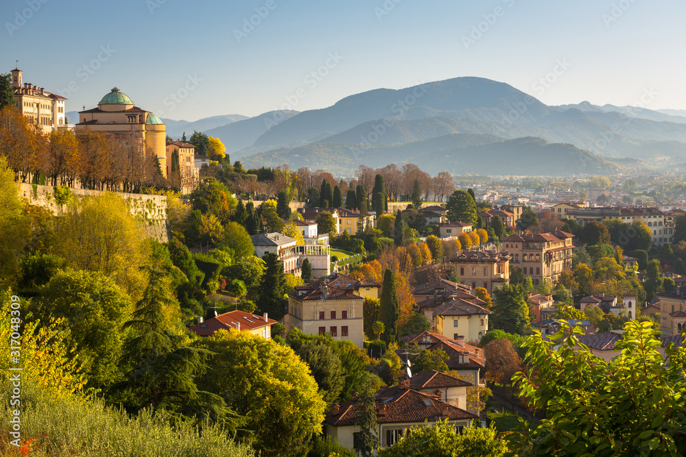 Cityscape of the Bergamo city in autumn, Italy