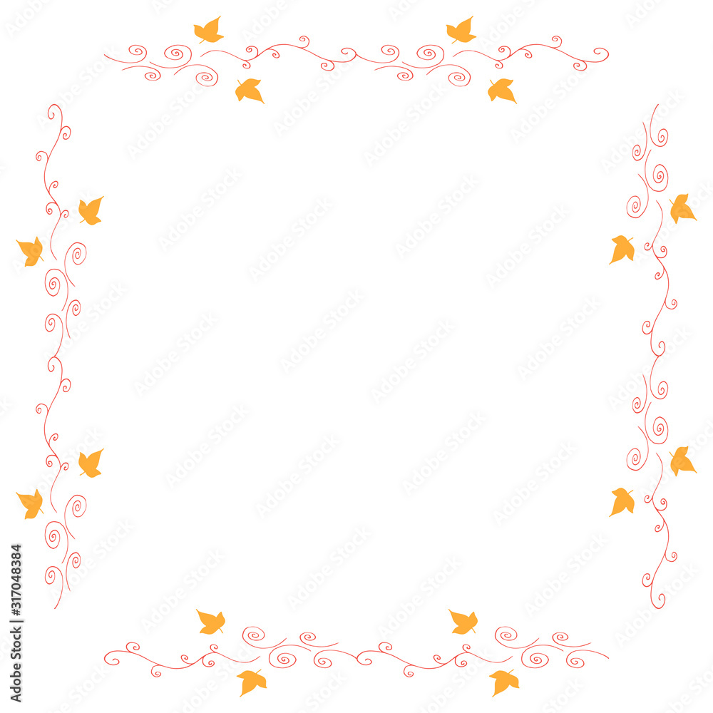 Square frame with horizontal yellow leaves and red decorative elements on white background. Isolated frame for your design.