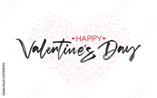 Handwritten brush ink lettering of Happy Valentines Day on hearts background.