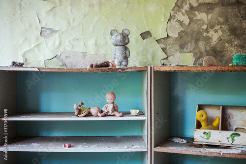 Toys on the shelf. Kindergarten Pripyat, Ukraine