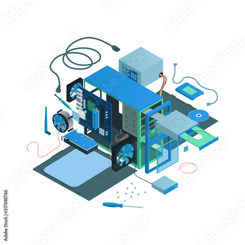Isometric disassembled computer case with components.