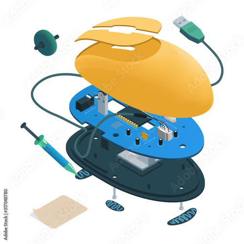 Isometric disassembled computer mouse.