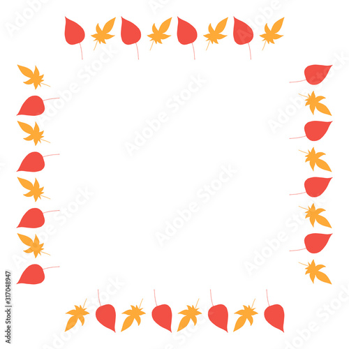 Square frame with vertical red and orange leaves on white background. Isolated wreath for your design.