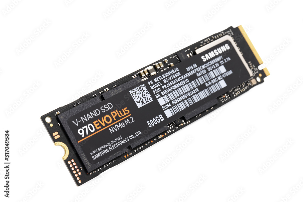 Prague, CZECH REPUBLIC - JANUARY 1, 2020: SSD hard drive NVMe 500GB EVO 970  Plus for M.2 slot by SAMSUNG laid on white background with narrow focus  Stock Photo | Adobe Stock