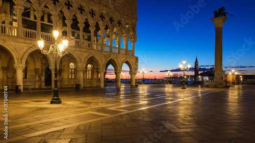 Scenic view of Piazza San Marco in Venice at sunrise, Italy. Piazza San Marco at sunrise, Vinice, Italy. Venice sunrise, famous San Marco square at sunrise in Venice, Italy. © daliu