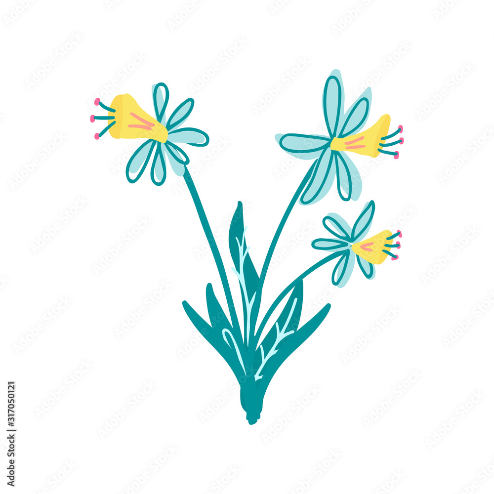 Naklejka premium Three daffodil flowers. Great for Easter greeting cards. Hand drawn vector illustration isolated on white background.
