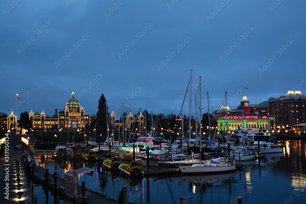 The inner harbor and BC parliament buildings at Christmas time.