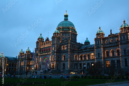 BC parliament buildings lit up at Christmas time. 2019.