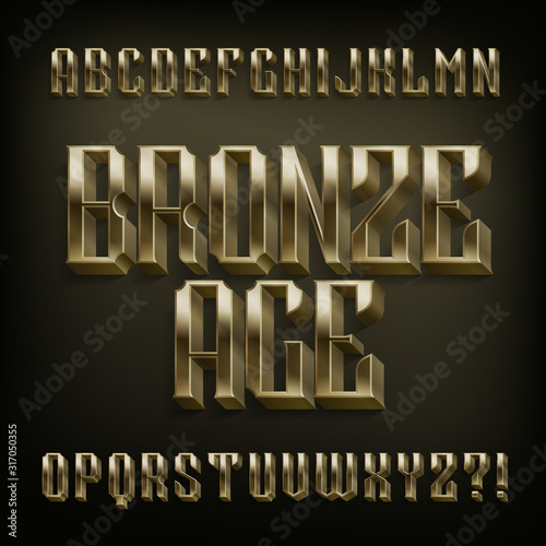 Bronze Age alphabet font. 3D vintage metal letters. Stock vector typescript for your design.