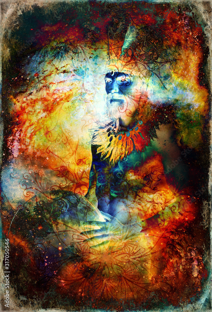 beautiful shamanic man with headband and necklace on abstract structured space background.