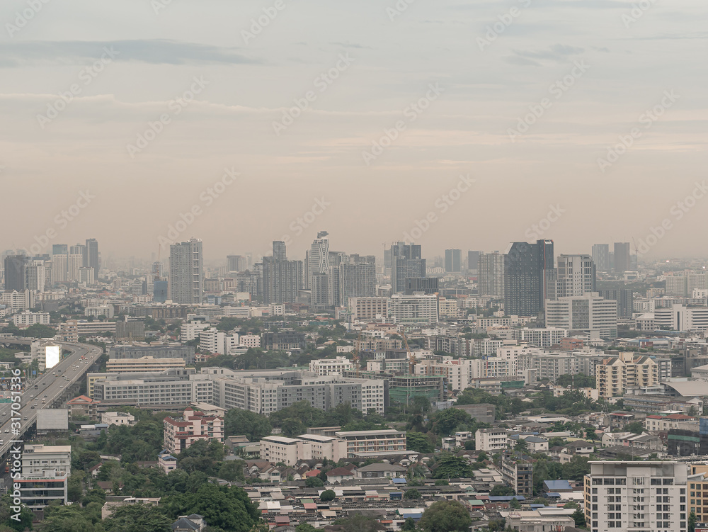 Aerial view of Bangkok city Bangna is full of dangerous PM 2.5 dust.