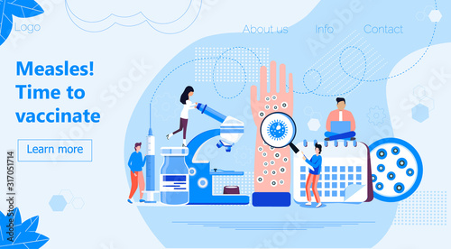 Measles, rubeola vaccination. Time to vaccinate. Syringe with vaccine, bottle, calendar and doctors. Tiny doctors make shot. Modern vector illustration concepts for website