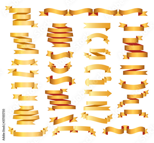 Golden ribbons set vector. Platinum labels, price tags, banners for bookmark, vintage ribbon, retro strap, band isolated collection are presented. Gift decoration, premium product