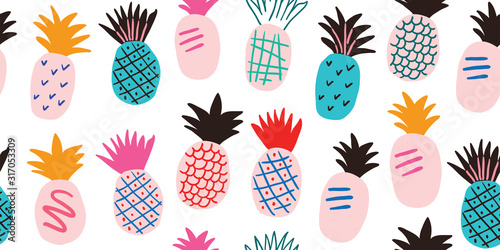 seamless pattern with tropical fruits - pineapples