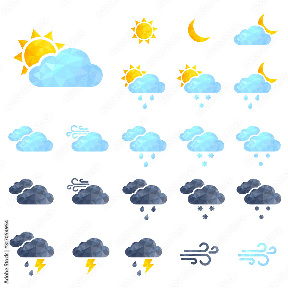 Obraz premium Vector weather icons set. Polygonal weather icons. Sun, cloud, rain, wind triangle icons set. 