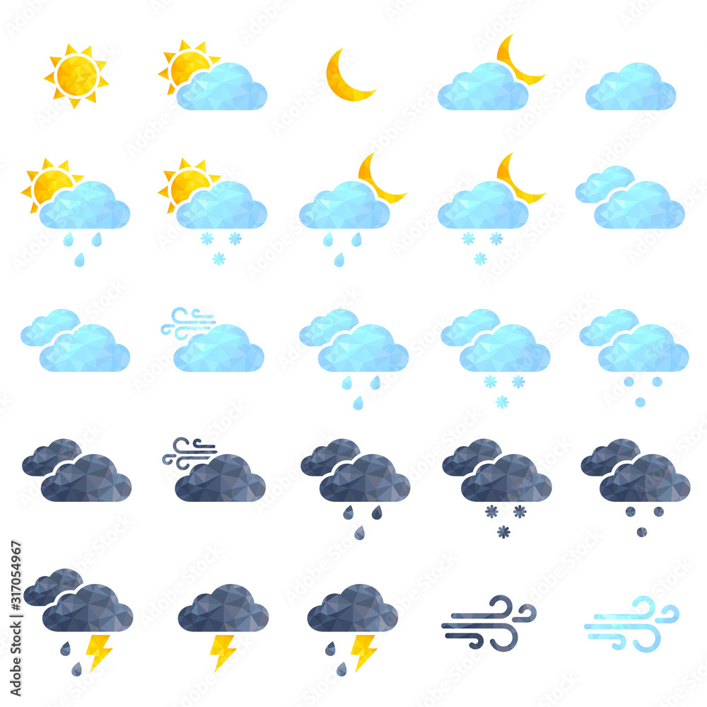 Vector weather icons set. Polygonal weather icons. Sun, cloud, rain, wind triangle icons set.  - obrazy, fototapety, plakaty 