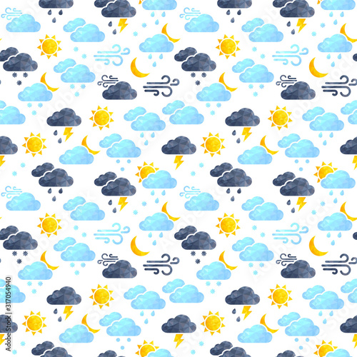 Vector seamless background with weather icons isolated on white. Vector seamless pattern with triangle weather icons illustration. Polygonal style icons sun, cloud, rain and wind.