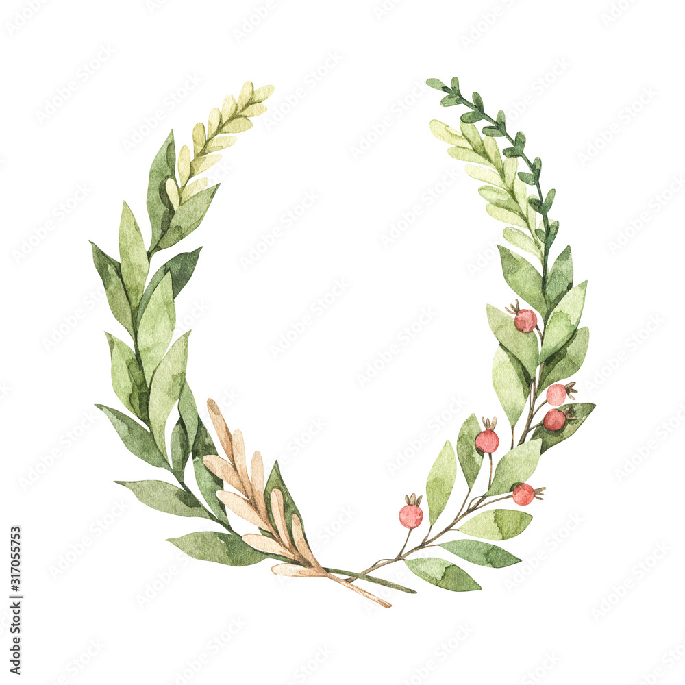Watercolor illustration. Hello spring! Laurel Wreath. Floral design elements with green branches and ears of wheat. Perfect for wedding invitations, greeting cards, blogs, logos, prints and more