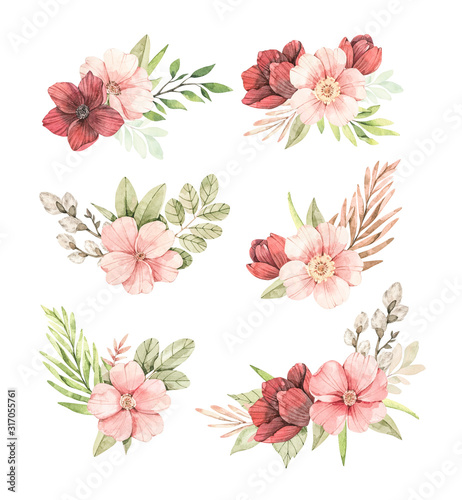 Watercolor botanical illustration. Bouquets with Pink rose blossom (Gentle rose, bud, branches, green leaves, willow). Spring design. Perfect for wedding invitations, cards, frames, posters, packing