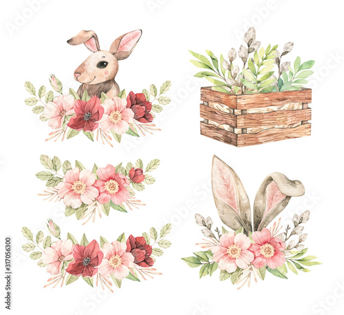Happy Easter. Pink roses blossom and bunny. Bouquets with gentle rose, bud, branches, green leaves. Watercolor botanical illustrations. Perfect for invitations, greeting cards, posters, packing