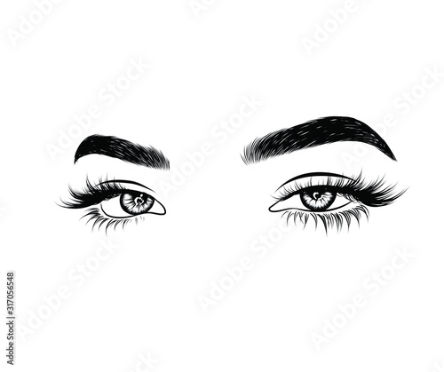 Abstract fashion illustration of the eye with creative makeup. Hand drawn vector idea for business visit cards, templates, web, salon banners,brochures. Natural eyebrows and glam eyelashes