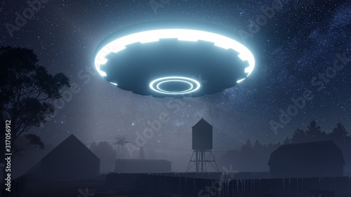 3d render. UFO sprang up in the sky above an old farm