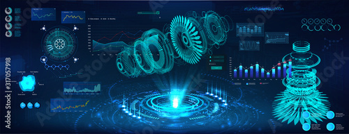 Futuristic Hologram 3d objects, turbine and jet engine. Cad x-ray project. Mechanical scheme HUD style. Dashboard interface future engineering with Modern interface Sky-fi. Vector illustration