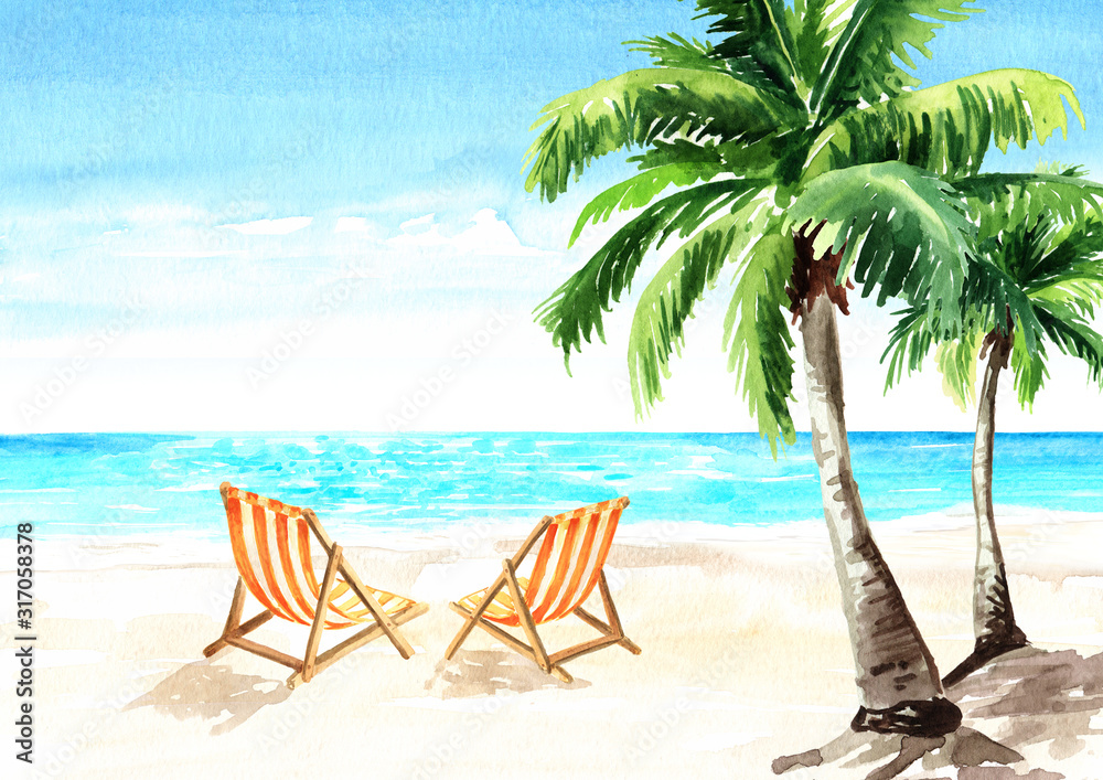 Seascape.Tropical beach with sea, white sand, palms, sun loungers and a beach umbrella, summer vacation concept and background. Hand drawn watercolor illustration