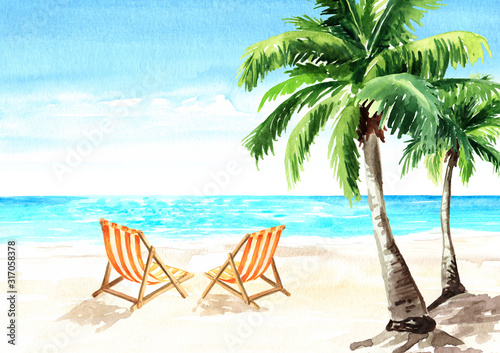 Fototapeta Naklejka Na Ścianę i Meble -  Seascape.Tropical beach with sea, white sand, palms, sun loungers and a beach umbrella, summer vacation concept and background. Hand drawn watercolor illustration