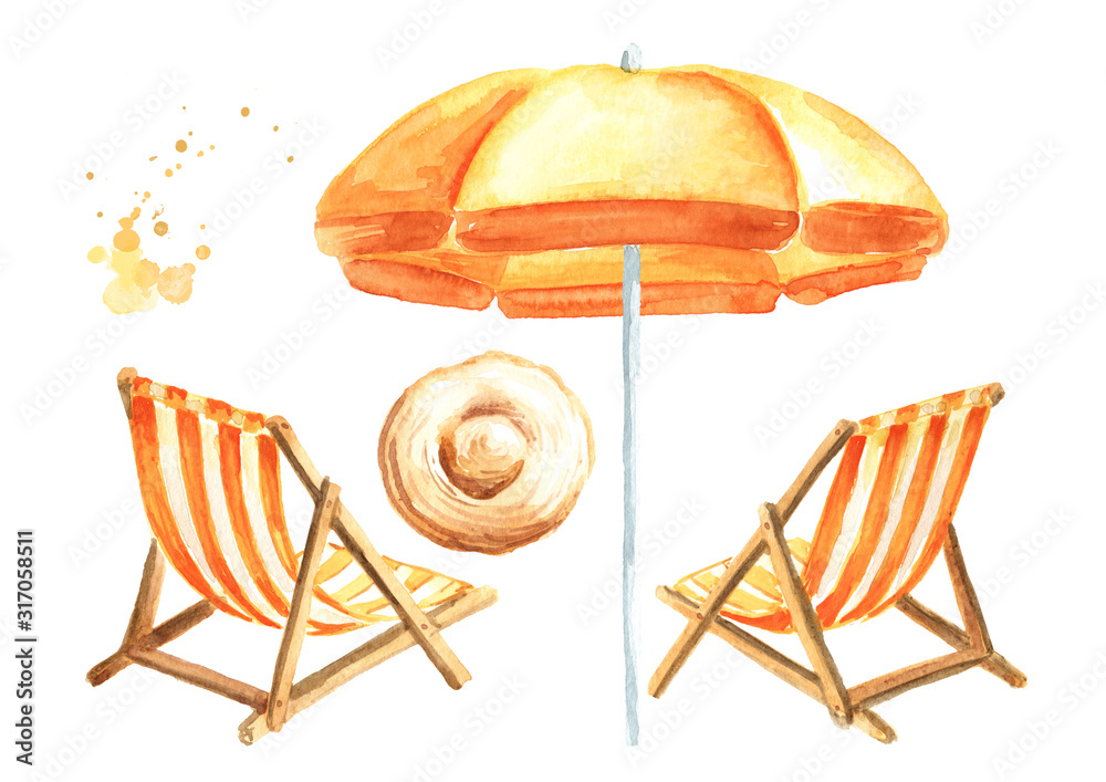 Obraz Sun loungers, sun hat and a beach umbrella set, summer vacation concept. Hand drawn watercolor illustration isolated on white background