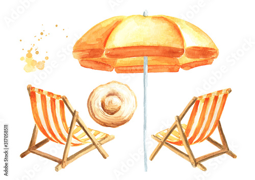 Obraz na płótnie Sun loungers, sun hat and a beach umbrella set, summer vacation concept. Hand drawn watercolor illustration isolated on white background