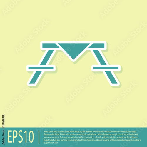 Green Picnic table with benches on either side of the table icon isolated on yellow background. Vector Illustration