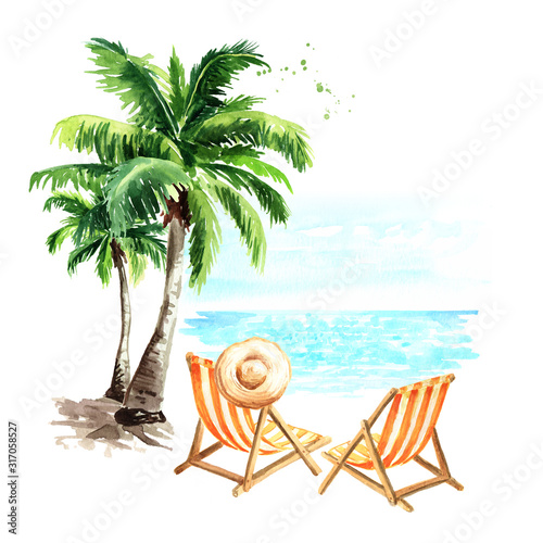 Photography Sun loungers, sun hat and palm trees, summer vacation concept