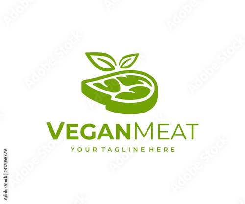 Vegetarian meat logo design. Vegan steak with leaves vector design. Plant based meat logotype