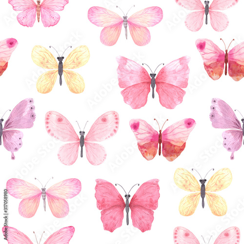 Seamless pattern with pink bright watercolor butterflies © lisagerrard99