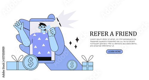 Refer a friend or refer and earn vector illustration. Hand holding smartphone with a man shouting in loud speaker. Refferal marketing and social media promotion banner, ad, ui, web, poster, flyer.