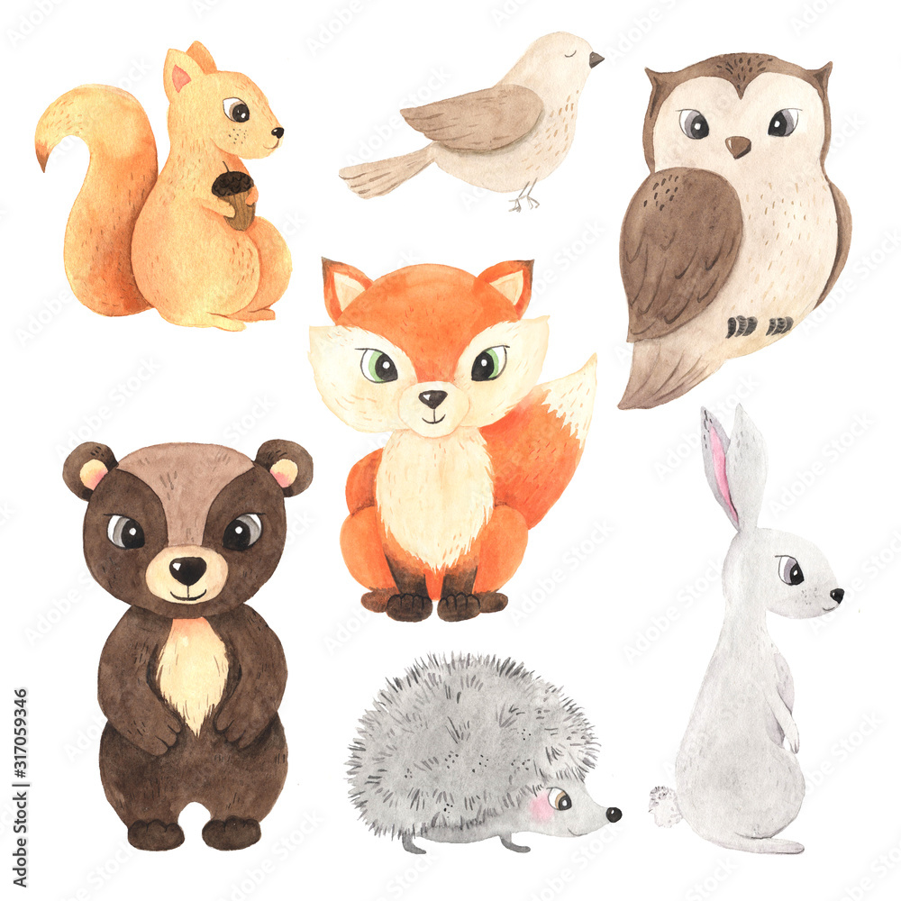 Obraz Cute cartoon watercolor forest animals set