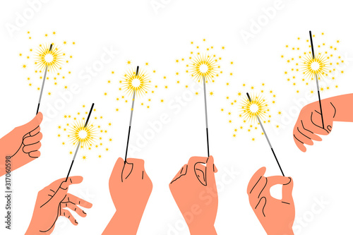 Set of caucasian hands holding bengal lights. Blue background. Flat vector illustration.
