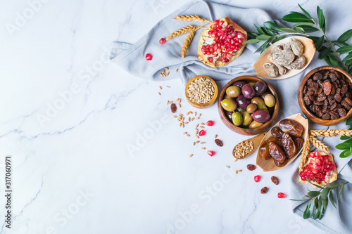 Wallpaper Mural Tu Bishvat holiday symbols - dried fruits, pomegranate, barley, wheat Torontodigital.ca