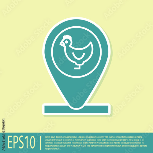 Green Chicken farm and location icon isolated on yellow background. Vector Illustration